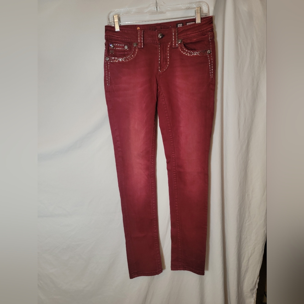 Miss Me Jeans Signature Rise Skinny Red Burgundy Rhinestones Flap Pocket